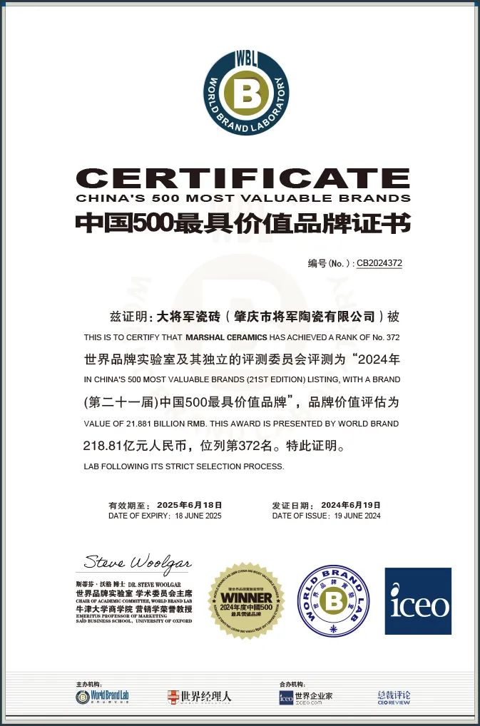 價(jià)值218.81億！大將軍瓷磚連續9年蟬聯(lián)“中國500價(jià)值品牌”榜(圖2)